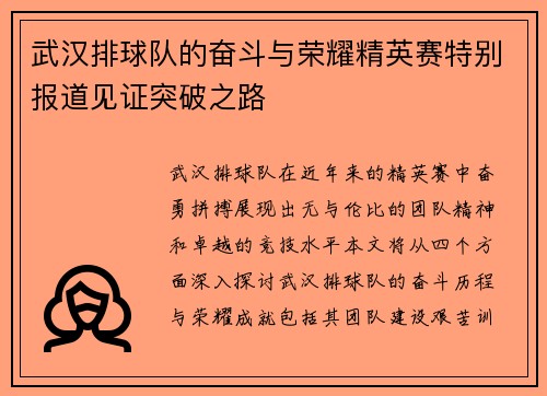武汉排球队的奋斗与荣耀精英赛特别报道见证突破之路