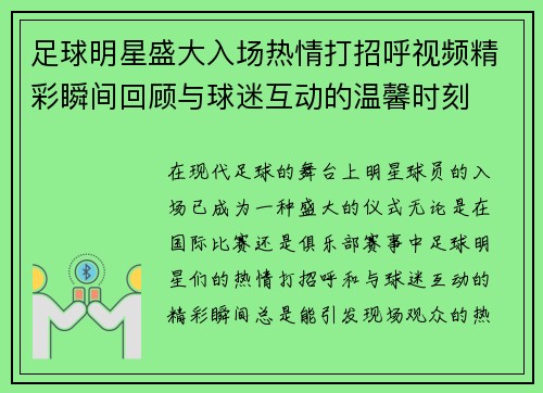 足球明星盛大入场热情打招呼视频精彩瞬间回顾与球迷互动的温馨时刻